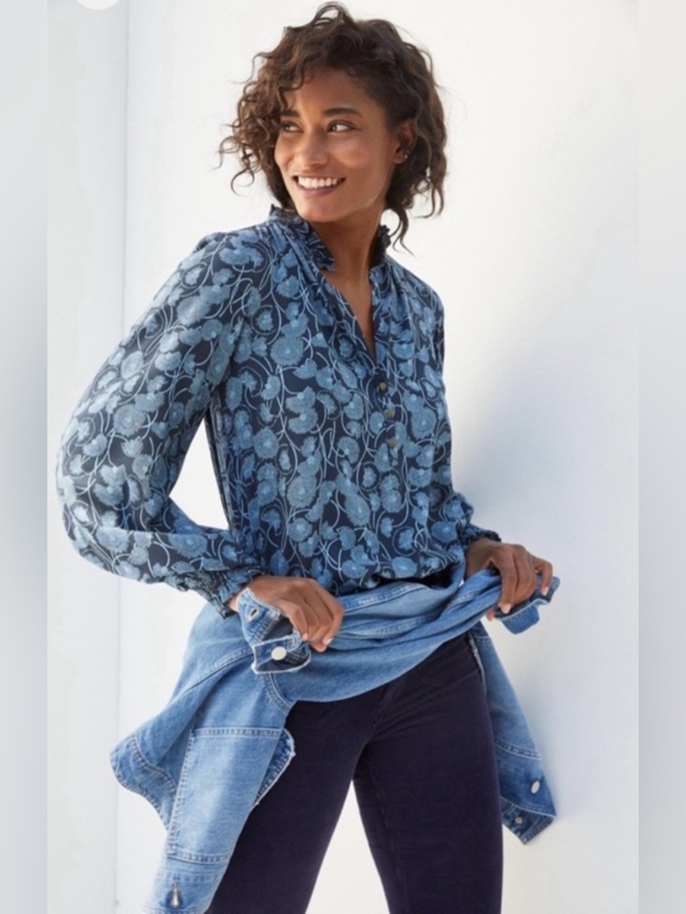 MAEVE by Anthropologie Blue Floral Ruffle-Neck Blouse